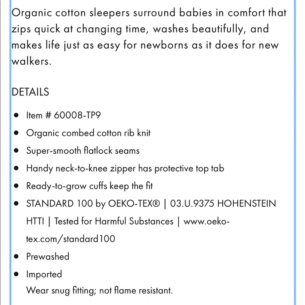 NWT Hanna Andersson Baby Zip Sleeper Pajama Sz 0-3 Months Snowflake Blue Organic